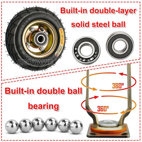 Heavy Duty Swivel Caster Wheels Set Of Four With Ten Inch Silent Pneumatic Rubber Tires And Steel Brake Plates For Industrial Carts Or Shop Workbenches built with solid steel ball bearing and 360° rotation.