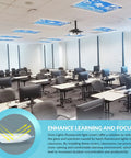 Classroom with fluorescent light covers for 2x4 ceiling panels backlit film insert to soften the glow and cut eye strain in classrooms.