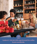 Group of friends enjoying coffee around a table with gift boxes in a cozy cafe setting
