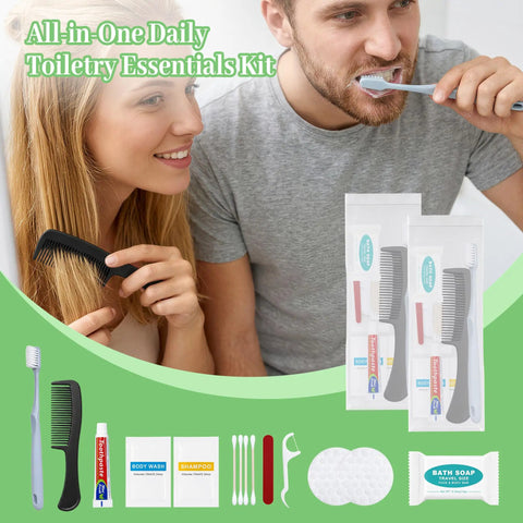 Couple using Bulk 100 Pack Travel Hygiene Kits With Disposable Toothbrushes Mini Toothpaste Individually Wrapped Combs.
