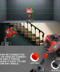 Self Leveling Laser Level With Tripod Pro Grade 4x360 Degree Green Beam 4D Layout Tool for Picture Hanging Tile And Home Renovation Indoors Includes Two Lithium Batteries, shown in use with stair alignment and connection details.