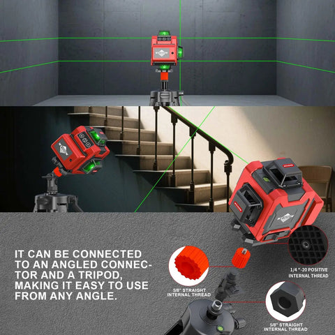 Self Leveling Laser Level With Tripod Pro Grade 4x360 Degree Green Beam 4D Layout Tool for Picture Hanging Tile And Home Renovation Indoors Includes Two Lithium Batteries, shown in use with stair alignment and connection details.