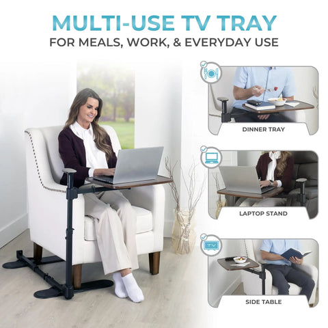 Wonder Tray Plus Adjustable Recliner Swivel TV Tray with Easy Grip Standing Handle for seniors, shown as laptop desk.