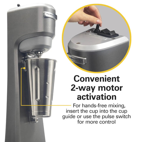 Workhorse Commercial Single Spindle Drink Mixer With Hands Free Operation 3 Speed Universal Motor Pulse Activation Built For High Volume Bars And Cafes NSF Certified, showing 2-way motor activation and cup guide.