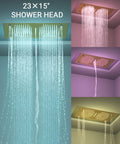 Premium Dual Head Rainfall Shower System With Twenty Six Custom Spray Settings Sweet Brushed Gold Finish showcased with 23x15" shower head.