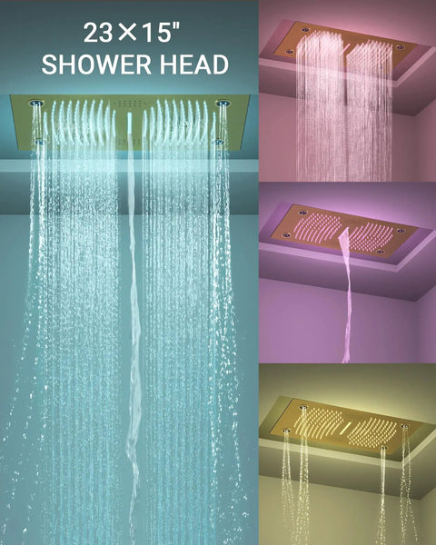 Premium Dual Head Rainfall Shower System With Twenty Six Custom Spray Settings Sweet Brushed Gold Finish showcased with 23x15" shower head.