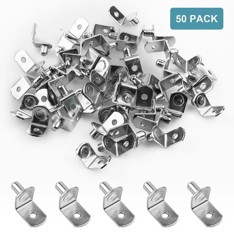 Heavy Duty Nickel Plated Shelf Pins 50 Pack 1/4 Inch L Shaped Cabinet Pegs on white background, designed for sturdy support in shelving.