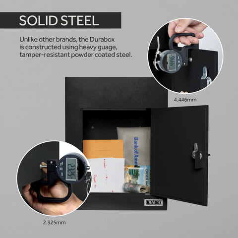 Through-The-Wall Drop Box Deposit Safe With Lock, Built-To-Last Beefy Heavy-Duty Steel Mailbox for Receiving Mail Checks Cash, solid steel details