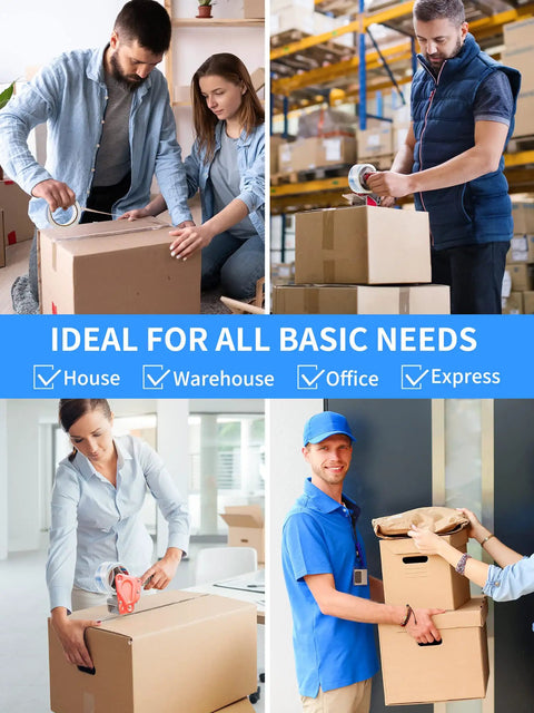Collage of people using heavy duty packing tape 12 roll set clear 2.7 mil thick for shipping and sealing boxes in various settings