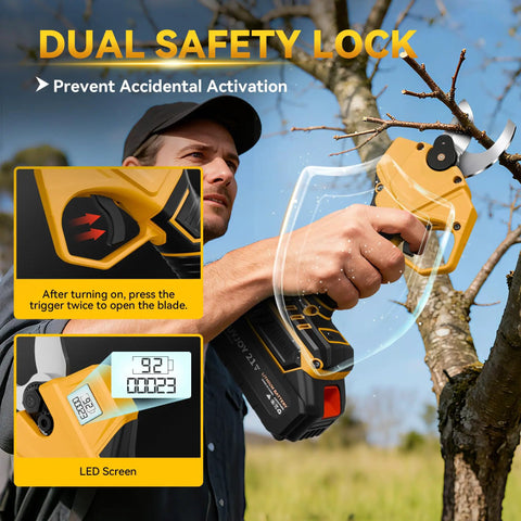 Beefed Up Four In One Pole Saw And Electric Pruning Shears Kit With A Six Inch Mini Chainsaw trimming a tree branch
