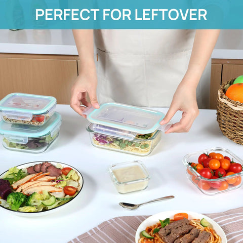 Person using 8 Pack Glass Food Storage Containers With Airtight Lids For Meal Prep And Leftovers Great For On The Go Lunches