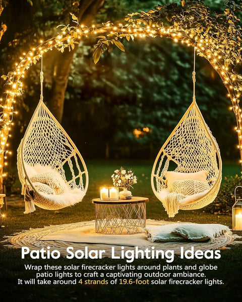 Outdoor patio with chairs illuminated by 120LED 10Ft Solar Fairy Lights Outdoor Waterproof With 8 Modes IP65 Firecracker Twinkle String Lights