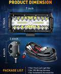 7 Inch LED Light Bar 240W 24,000LM Offroad Beast Fog Driving Lights Pods Spot Flood Combo Beam for Truck Boat UTV ATV 2 Pack With 2 Leads Wiring Harness Kit, showing LED layout and dimensions with wiring harness.