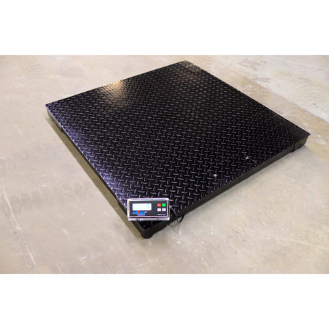 Built Like A Tank Heavy Duty Industrial Floor Scale With Printer digital pallet scale on a textured steel deck, 48x48 inch size.