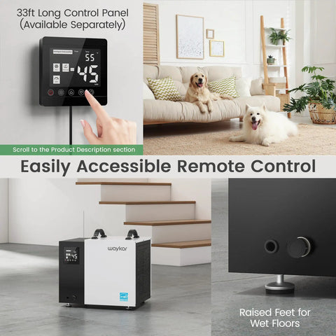 Serious 70 Pint Commercial Dehumidifier With Built In Pump And Drain Hose For Crawl Spaces And Large Basements Up To 5000 Sq Ft in a modern setting with remote control.