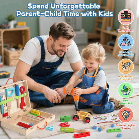 Child using drill from Kids Tool Set With Real Drill For Little Builders, Educational Montessori STEM Toys with parent assistance.