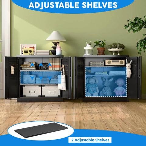 Sturdy Metal Garage Storage Cabinet With Pegboard Doors, Lockable Dual Doors, 2 Adjustable Shelves, Grab-And-Go Tool Locker