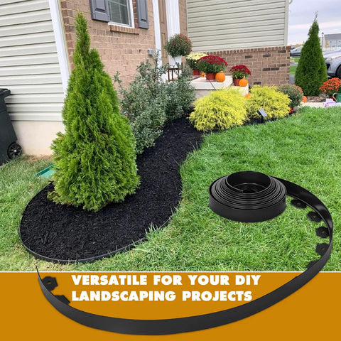 Heavy Duty Black Landscape Edging 2 Inches Tall 33 Feet Long All In One Kit with 30 Anchoring Spikes and 5 Connectors installed in garden