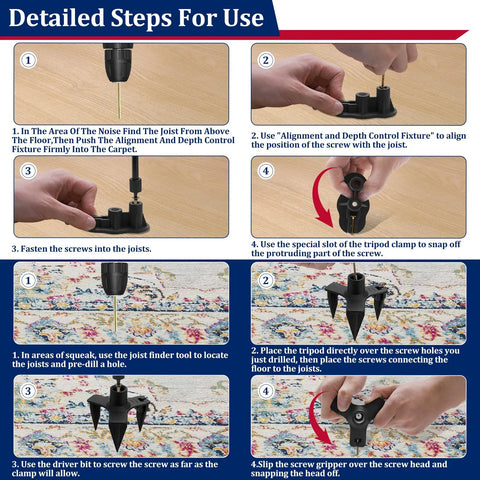 Detailed use steps of Slick Squeaky Floor Repair Kit With Fifty Heavy Duty Joist Screws And Five Simple Tools.