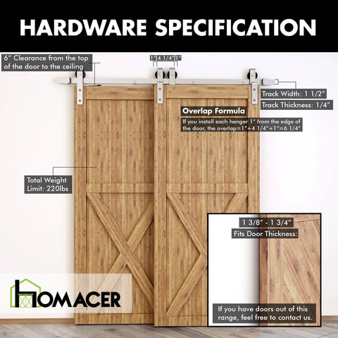 Brushed Nickel Single Track Bypass Sliding Barn Door Hardware Kit For Double Doors, 6Ft Flat Track, installed view, wood doors.