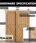 Brushed Nickel Bypass Sliding Barn Door Hardware Kit For Two Doors, 6.6ft Flat Track, double doors with installation specs