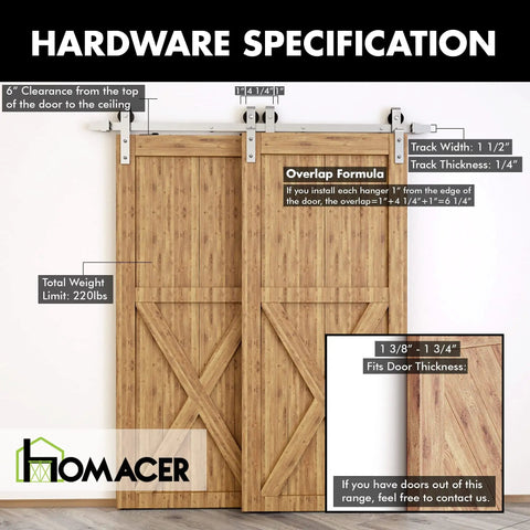 Hardware specifications for Brushed Nickel Single Track Bypass Sliding Barn Door Hardware Kit For Double Doors, showing weights and measurements.
