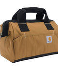 Beefy Duty Tool Bag With Large Zip Main Compartment, Six Exterior Pockets, Rugged Pro Grade Brown, Medium Size, Side View