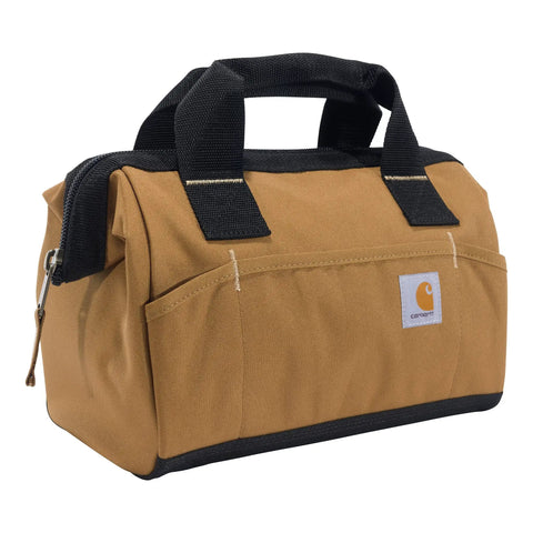 Beefy Duty Tool Bag With Large Zip Main Compartment, Six Exterior Pockets, Rugged Pro Grade Brown, Medium Size, Side View