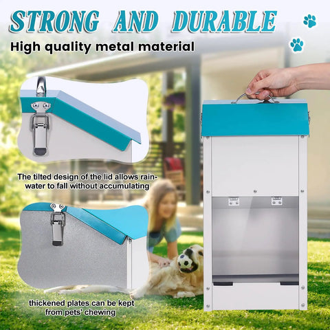 Top Notch Galvanized Gravity Auto Dog Feeder With 15 Lb Size and Rust Resistant Stainless Steel Shovel, outdoor safe with tilted lid.