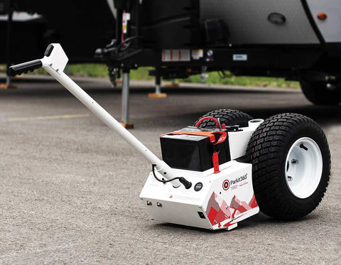 Force 5K Electric Trailer Dolly For RV, Boat And Cargo Trailers with steel frame and battery system on pavement.