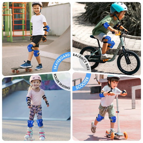 Kids wearing blue Kids Protective Gear Set With Knee Pads Elbow Pads And Wrist Guards for skateboarding, cycling, and scootering.