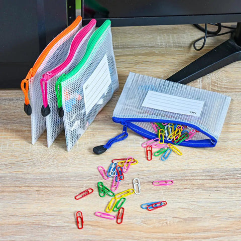 12 Pack Mesh Zipper Pouches With Label Pockets For Office Home And Travel Waterproof A6 Size File Bags with paperclips