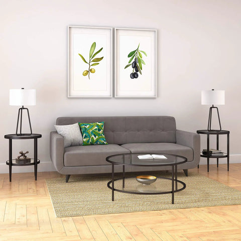 Modern living room with grey sofa, Cool Tall Table Lamp 25.5 Inches With Blackened Bronze Finish And White Fabric Drum Shade on side tables