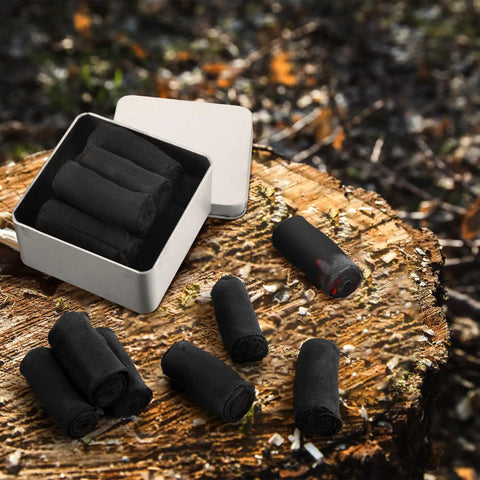 Char Cloth Fire Starter Refills For Bushcraft And Outdoor Survival Eight Rolls Quick Ignite In 0.5 To 3 Seconds in tin on stump