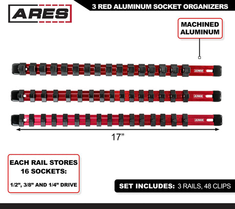 Three-Piece Aluminum Socket Organizer Rails For 1/4, 3/8, And 1/2 Inch Drives, Holds 48 Sockets With Spring-Loaded Clips