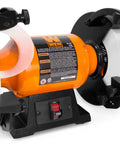 Heavy Duty Eight Inch Bench Grinder With A No Fuss Three Amp Motor And Soft Start Switch perfect for sharpening tools, featuring dual wheels.