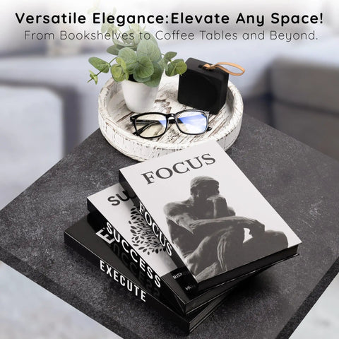 Faux Book Decor Set Of 3 For Modern Desk And Shelf Vibe displayed on a tabletop with decor items