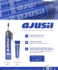 Ajusa silicone sealant tubes and features, showing Ajusil branding and product descriptions in Spanish and English.