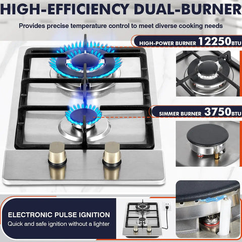 Portable Dual Fuel 2 Burner Gas Stove Cooktop 12 Inch Stainless Steel LPG NG Convertible with Thermocouple Safety