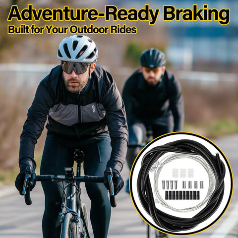 Cyclists riding with Universal Bike Brake Cable Kit 44 Piece With Housing Shifter Cables Ferrules O Rings And End Caps