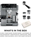 Brew Like A Pro At Home With This Triple Threat Espresso And Drip Coffee Maker Featuring Rapid Cold Brew Options Alongside Reliable Dual Shot Settings In Sleek Gunmetal Finish, displaying various accessories.
