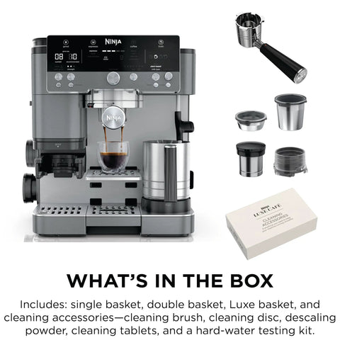 Brew Like A Pro At Home With This Triple Threat Espresso And Drip Coffee Maker Featuring Rapid Cold Brew Options Alongside Reliable Dual Shot Settings In Sleek Gunmetal Finish, displaying various accessories.