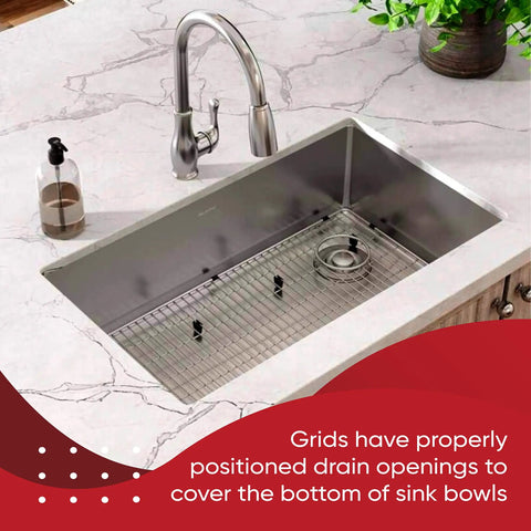 Stainless Steel Kitchen Sink Grid Protector 28x14 Inch Bottom Rack With Vinyl Feet For Scratch Prevention And Right Rear Drain