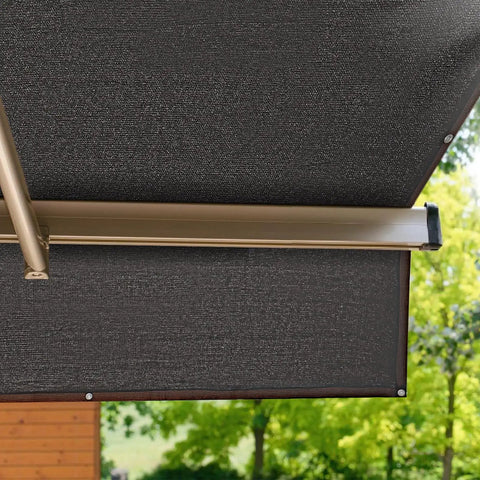 70 Percent Shade Cloth 20x20 Ft HDPE Mesh Tarp With Reinforced Grommets installed on patio providing outdoor shade