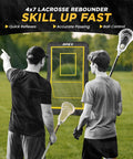 Two players practice with a 4x7 ft lacrosse rebounder net featuring adjustable five angles, pro-style frame, and precision target strip.