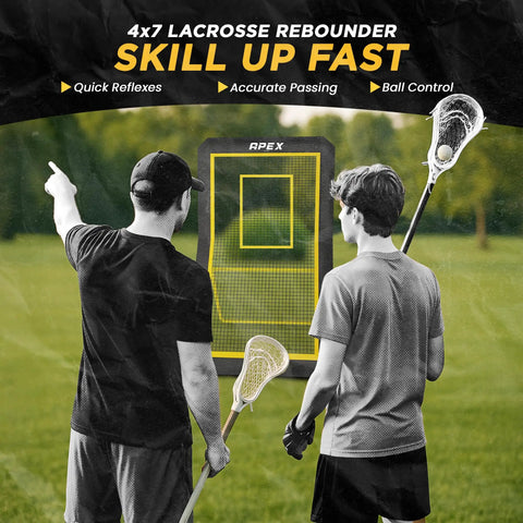 Two players practice with a 4x7 ft lacrosse rebounder net featuring adjustable five angles, pro-style frame, and precision target strip.