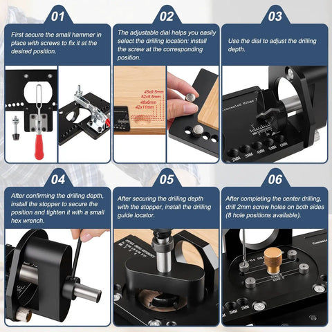 Instructions for Concealed Cabinet Hinge Jig With Quick Clamp And Dust Vacuum Adapter, 35mm Door Hinge Locator for Woodworking.