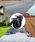 Close-up of 4-inch heavy-duty caster wheel with brakes, black swivel with mounting plate; set of 4