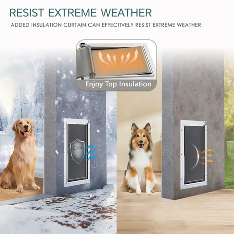 Top Shelf Medium Size Dog Door For Wall With 3 Flap Insulated Panel And Telescoping Tunnel Heck Yeah Slick All Steel Build For Pets Up To Forty Pounds Gets You Outside Like A Champ, showing insulation curtain against extreme weather.