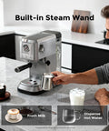 Zero Hassle Compact Espresso Maker With Milk Frother in use, frothing milk with built-in steam wand on kitchen counter.
